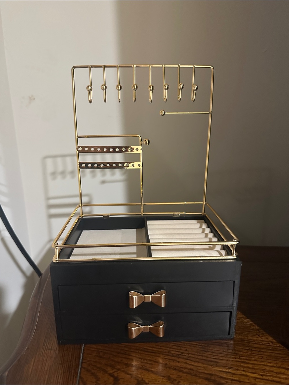 Black and Gold Jewelry Organizer Box with Ring Rows and Earring Hooks
